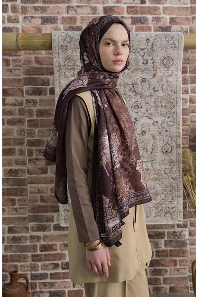 Fatma Atasoy Glorina Bitter Brown Ethnic Patterned Shawl