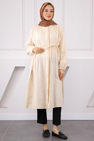 İmajButik Πέτρινο λινό χιτώνα με κορδόνι μέσης