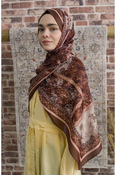 Fatma Atasoy Hibisca Brown Ethnic Patterned Shawl