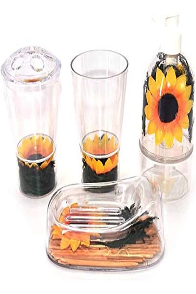 RAHALIFE HOME SOLUTION Rahalife 4-Piece Sunflower Bathroom Accessory Set – Dispenser, Bin, Holder & Dish