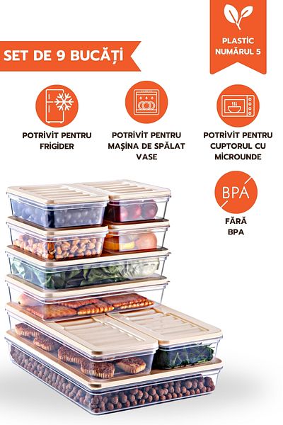 Ginza Maison Freshbox Food Set, 9 Boxes With Cream Lids (4X600 ML, 2X1170 ML, 2X2000 ML, 1X2400 ML)