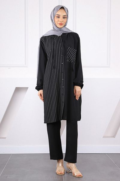 İmajButik Κοστούμι παντελόνι με μαύρη κουκούλα ριγέ τουνίκ