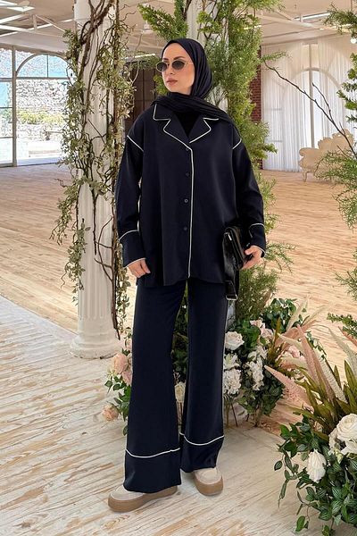 lamelif Χρυσό κουμπιά Μουσουλμανικό κοστούμι Navy Blue