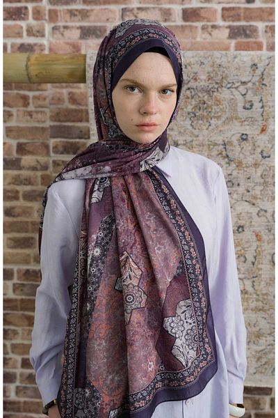 Fatma Atasoy Glorina Eggplant Purple Ethnic Patterned Shawl