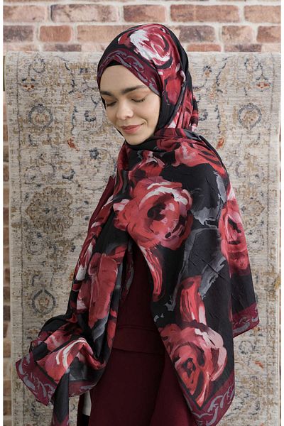 Fatma Atasoy Rose Patterned Black Claret Red Crash Shawl