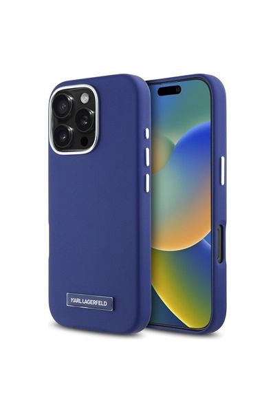 Karl Lagerfeld Husă pentru iPhone 16 Pro Max - Karl Lagerfeld din piele MagSafe (KLHMP16XPGMSRPB) - Placă metalică albastră FW