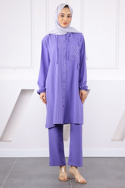 İmajButik Lilac Hooded Striped Tunic Trousers Suit