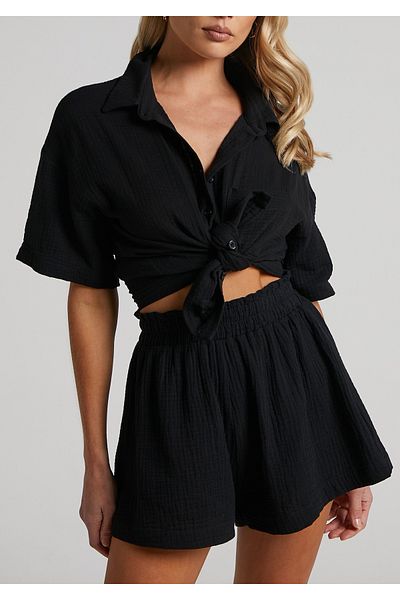 LADY HAZAL Set de pijamale de vară, pantaloni scurți din muselină organică neagră