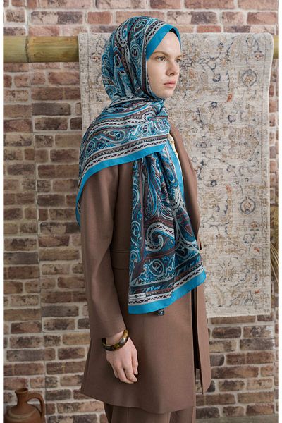 Fatma Atasoy Presya Blue Ethnic Patterned Shawl