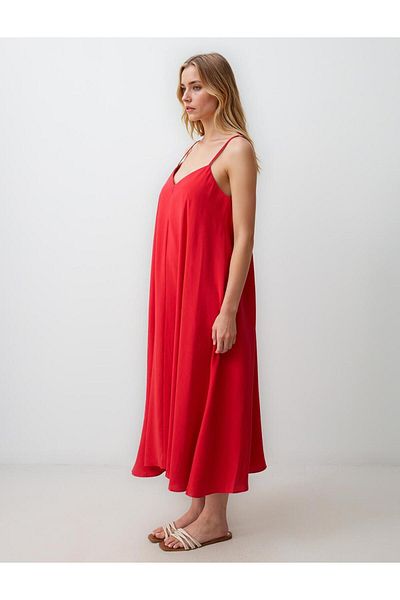 Jimmy Key Red Relaxed Cut V-Neck Strap Woven Midi Dress