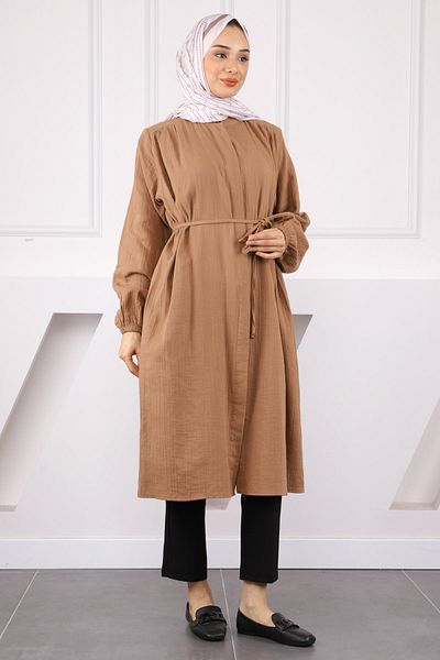 İmajButik Λινό χιτώνα από μουσελίνα με κορδόνι σε καφέ μέση