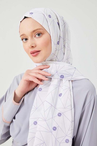 FİVESCARF Lilac Geometric Pattern Violet Medina Silk Shawl