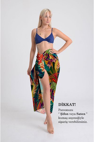 DESENİX Tropical Print Pareo - 100X145 cm - Silky Chiffon & Luxury Satin Fabric Option - Beach Dress