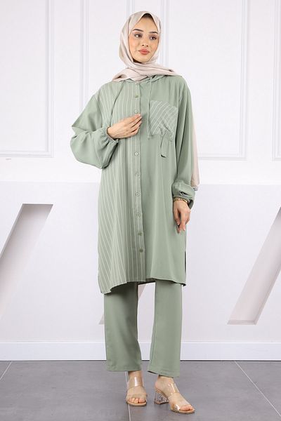 İmajButik Χακί κουκούλα ριγέ τουνίκ παντελόνι
