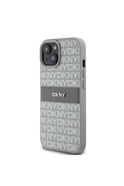 Dkny Husă pentru iPhone 15 Plus - DKNY din piele cu dungi monocrome și logo metalic (DKHCP15MPRTHSLE) - Bej