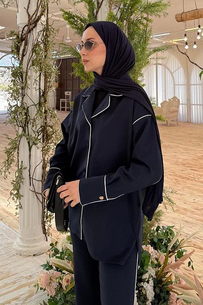 lamelif Χρυσό κουμπιά Μουσουλμανικό κοστούμι Navy Blue