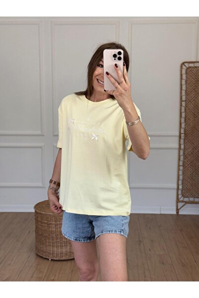 X-Young Detaliu panglică cu broderie text tricou GALBEN