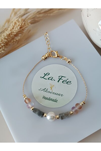 La fee aksesuar لؤلؤ الباروك الحقيقي باللون الذهبي - سوار من الحجر الطبيعي حجر كوارتز بني بلوري - حجر لافراكيت الطبيعي