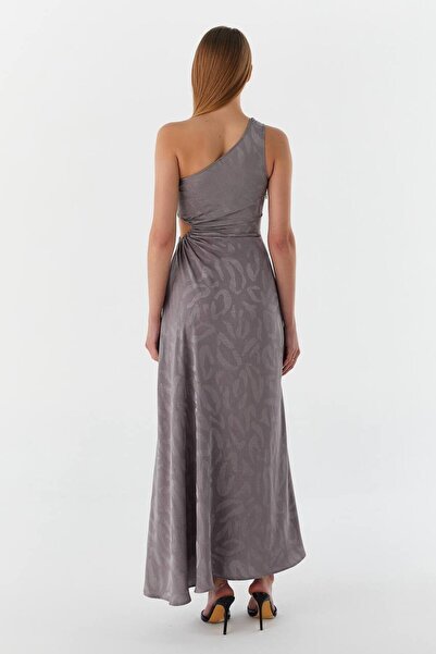 Kinzi Women's One Shoulder Detailed Shiny Patterned Gray Stylish and Style Dress