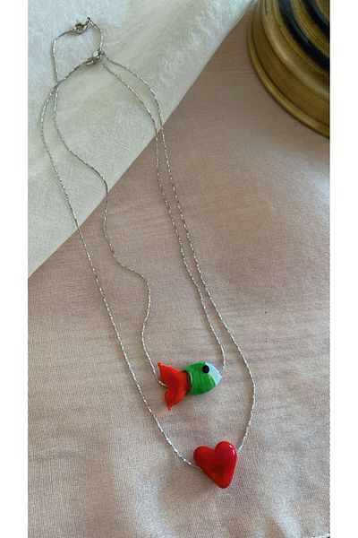 BAE ATOLYE Binary Combinationmurano Glass Fish and Heart Silver Chain Necklace