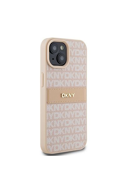 Dkny IPhone 15 Case - DKNY Leather Mono Stripe & Metal Logo (DKHCP15SPRTHSLP) - Pink