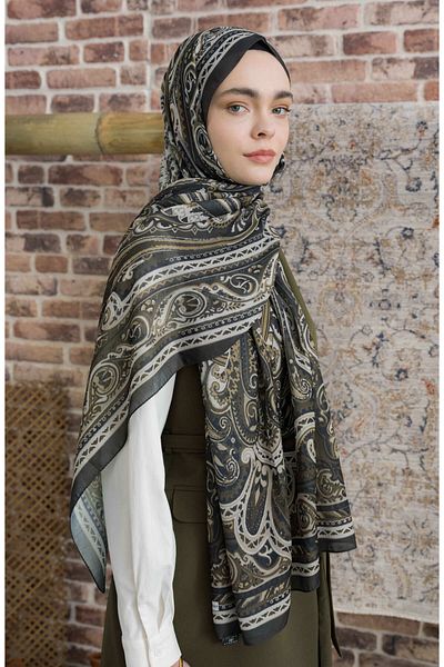 Fatma Atasoy Presya Khaki Ethnic Patterned Shawl