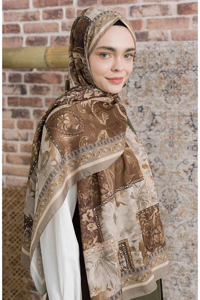 Fatma Atasoy Hibisca Soft Khaki Ethnic Patterned Shawl