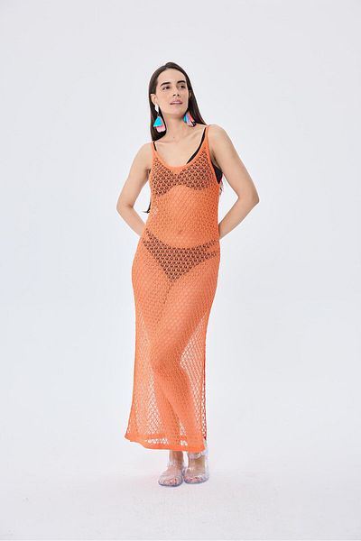 Peraluna Angel, Openwork, Women's Long Knitwear Beach Dress - Orange