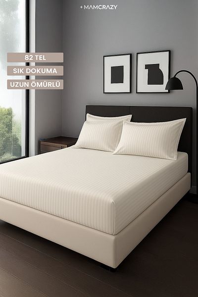 MamCrazy طقم ملاءة سرير مطاطية مخططة مزدوجة من الساتان 100% قطن ساتان مع وسادة مقاس 160 × 200 + 30