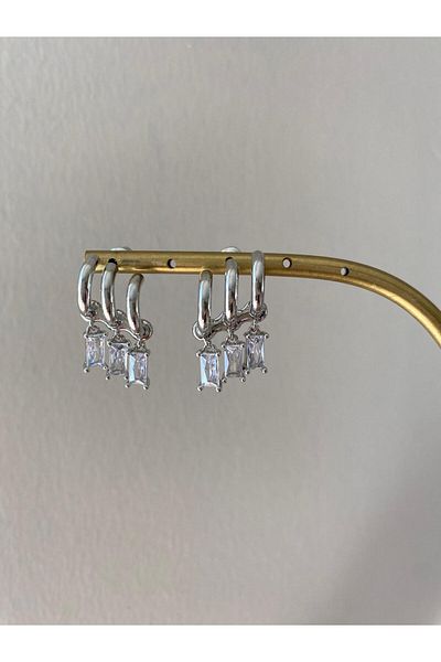 marsel aksesuar Special Series Triple Appearance Baguette Stone Dangle Earrings
