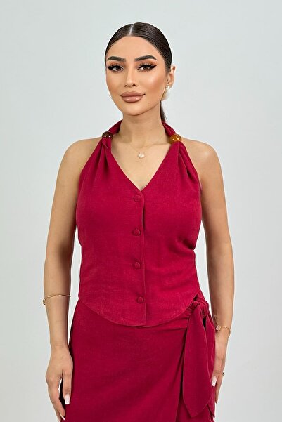 FEVER Boyundan bağlamalı boncuk detaylı keten bluz