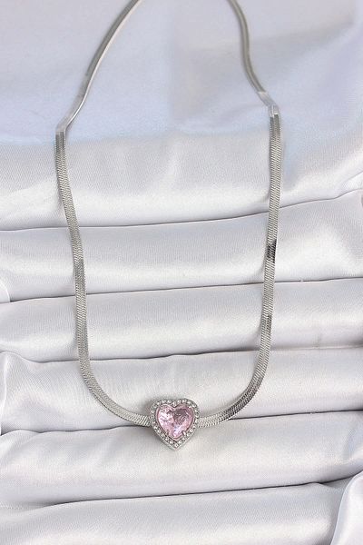Avantaj Kapıda ®   316L Steel Silver Color Italian Chain Pink Zircon Stone Heart Model Women's Necklace
