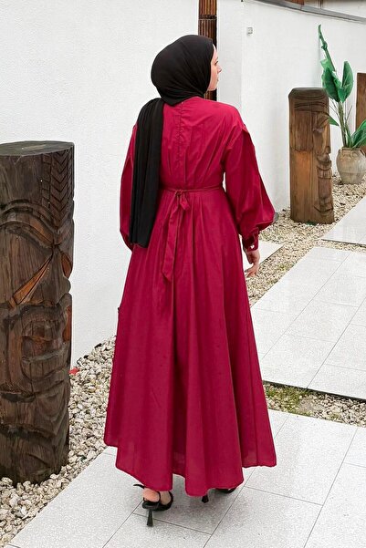 lamelif Πλισέ Φόρεμα Ποπλίνα Βουργουνδίας