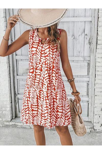Monapera Zero Sleeve Round Neck Patterned Flounce Mini Dress