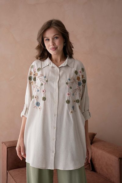 MVStore Women's Floral Print Embroidery Embroidered Linen Oversize Shirt and Pants