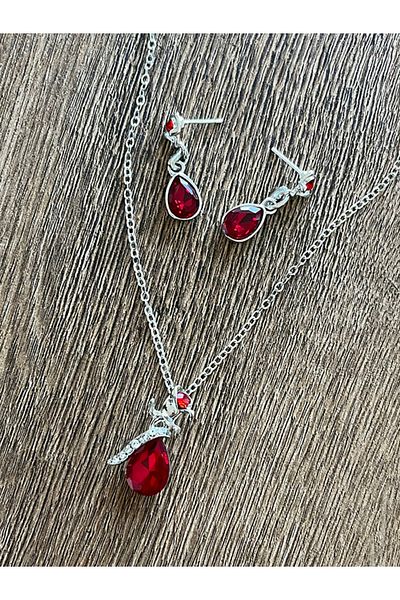 Büyük Hanım Rose Flower Water Drop Shaped Modern Red Bead Necklace Earring Set