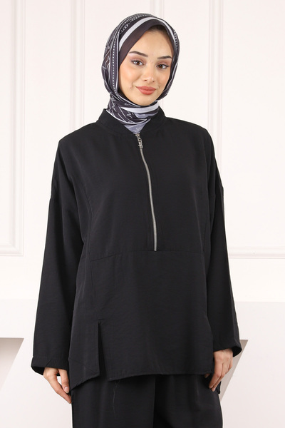 İmajButik Κοστούμι παντελόνι τουνίκ με μαύρο γιακά με φερμουάρ