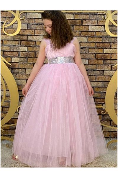 Zey Baby Pink Waist Sequin Detailed Full Length Children's Evening Dress Show and Party Dress