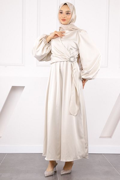 İmajButik Βραδινό φόρεμα σατέν με μπεζ αγκράφα
