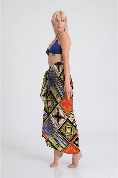 DESENİX Patchwork Pattern Pareo - 100X145 cm - Silky Chiffon & Luxury Satin Fabric Option - Beach Dress