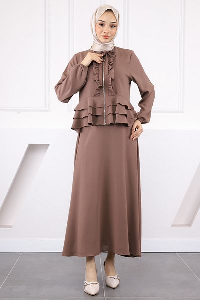 İmajButik Σετ κρεπ μπουφάν με φερμουάρ Mink με φούστες
