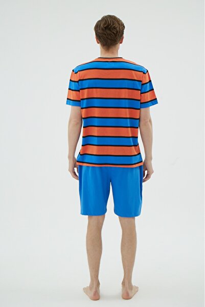 İPEKTENİM Помаранчево-синій смугастий велосипедний комір Чоловічий шорти Піжамний комплект