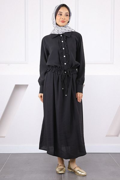 İmajButik Black Ruffled Front Modal Shirt Skirt Suit