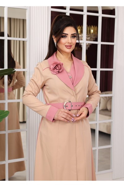 NHMODA Crepe Fabric, Double-Breasted Collar, Belted, Lined 3-Piece Hijab Set