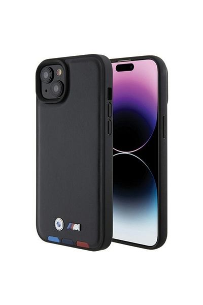 BMW IPhone 15 Plus Case - BMW Leather Stamp Tricolor (BMHCP15M22PTDK) - Black