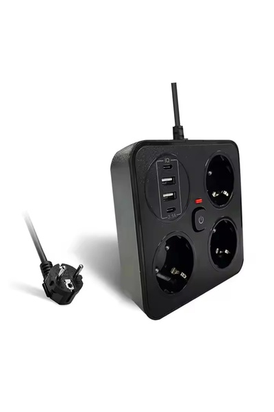 Vothoon Akım Korumalı Anahtarlı Priz - 3X Priz - 2X Usb - 2X Type-C - 2 mt Kablo Hızlı Şarj Özellikli Siyah
