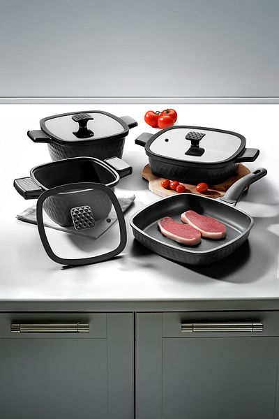 Nehir Royal Elite Square Black Aluminum Cast 7 Piece Cookware Set