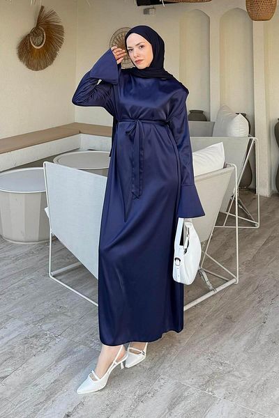 lamelif Λεπτομερές σατέν φόρεμα με κορδόνι ώμου Navy Blue