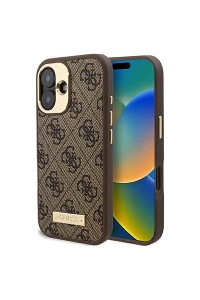 Guess Case for iPhone 16 - Guess Hardcase 4G Logo Plate MagSafe (GUHMP16SU4GPRW) - Brown