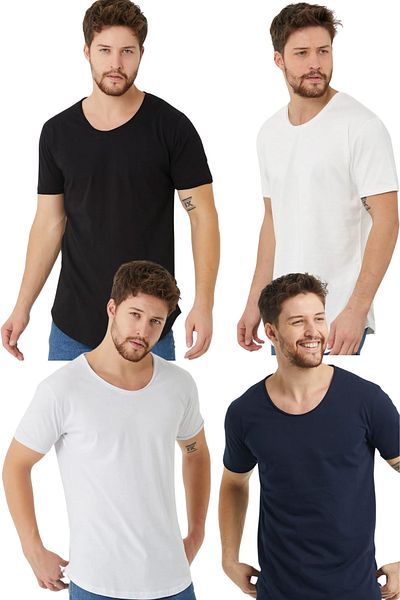 Tarz Cool Men's Black-White-Navy-Ecru 4-Piece Oval Skirt Wide Collar 100% Cotton Short Sleeve T-Shirt